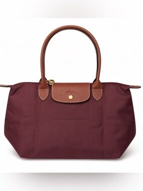 Longchamp medium Classic Burgundy Tote with Brown Leather Trim